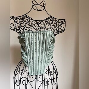 Strapless Corset top with lacing back in sage satin and silver tone details